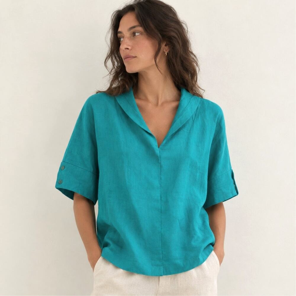 NWT Lintico 100% Linen Blouse Teal Blue Coastal Preppy Minimalist size Medium